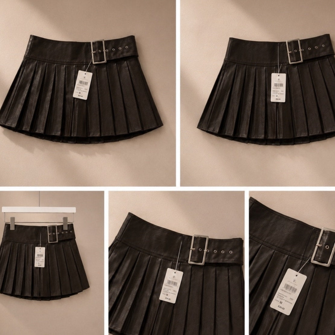 Women’s Brown Leather Mini Pleated Skirt Size Medium