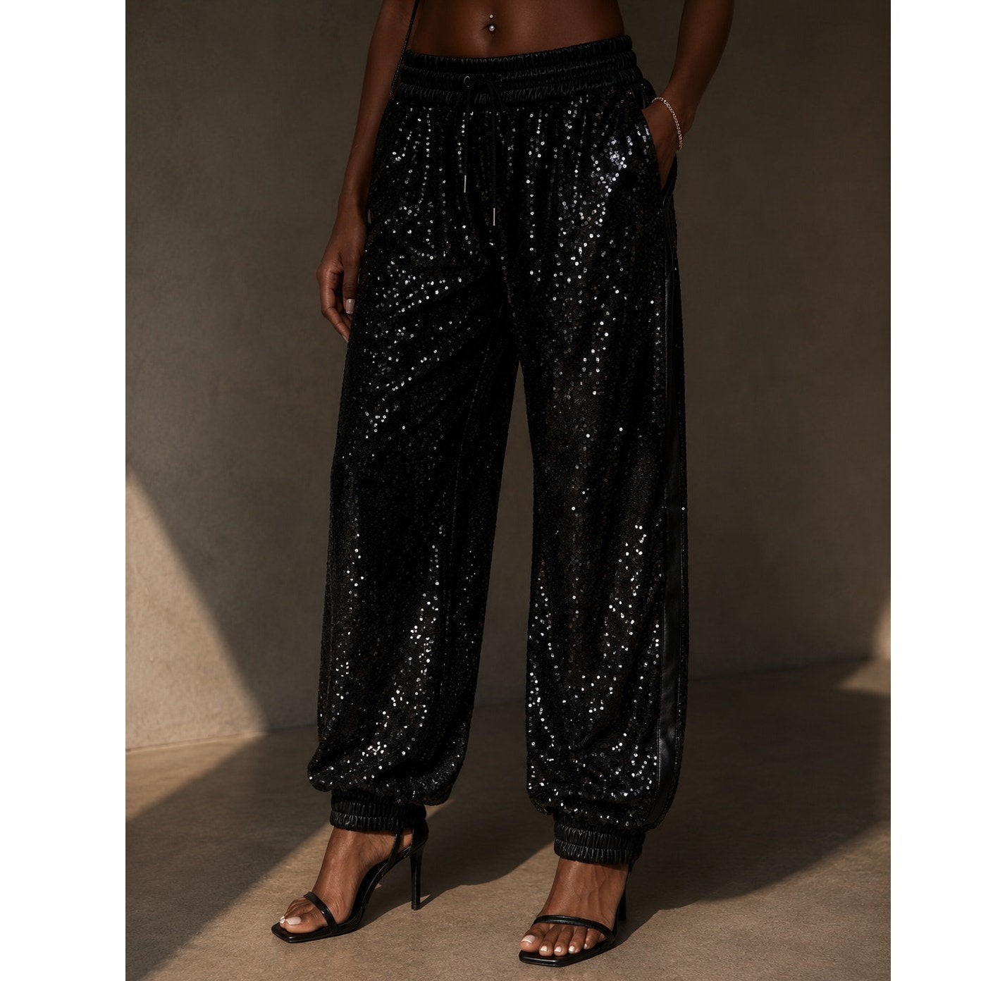 Black Sequin Leather Pants