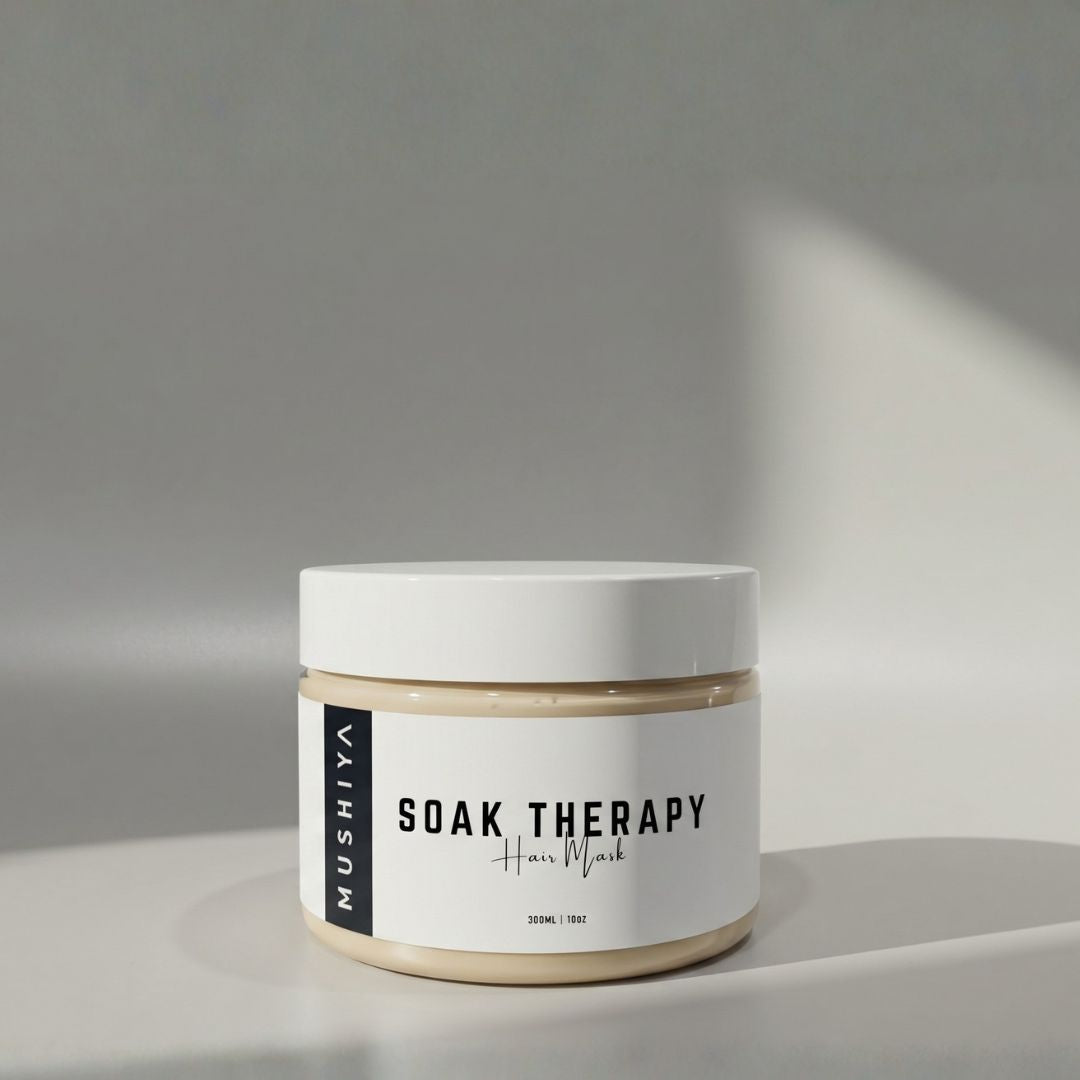 Jar of MUSHIYA Soak Therapy Hair Mask on a gray background